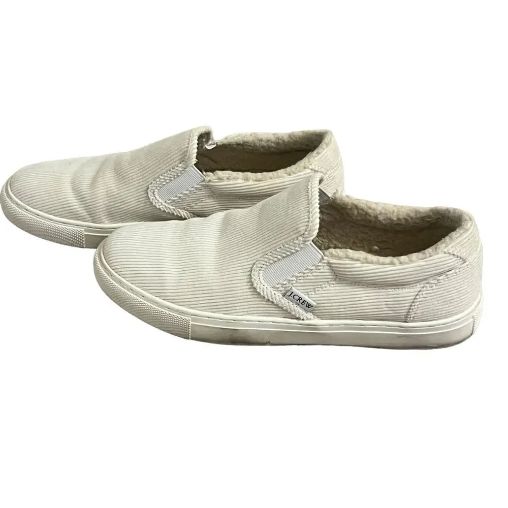 J Crew  Woman's Ivory Corduroy Slip-On Sneakers with Sherpa Lining Cozy Size 9